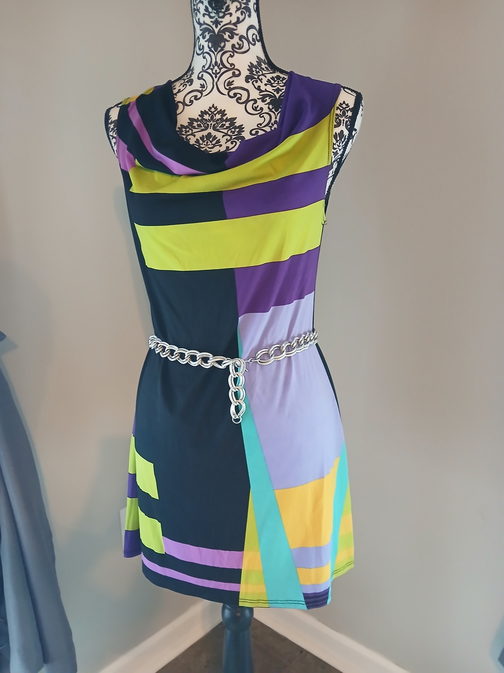 Sunny Leigh Sleeveless Colorblock Mini Dress in Black, Purple, Lime & Aqua